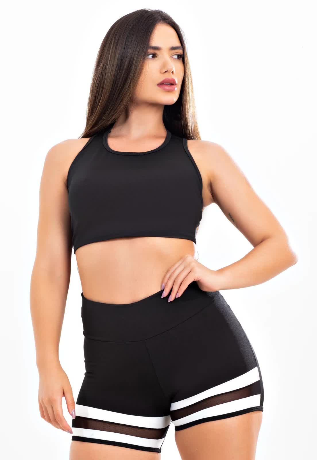 Conjunto Tela Short + Cropped Preto com Branco e Tela Conjunto