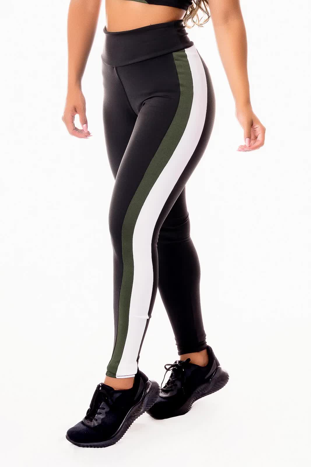 Calça Legging Movement Cintura Alta Preta com Listra Verde Militar e Branco